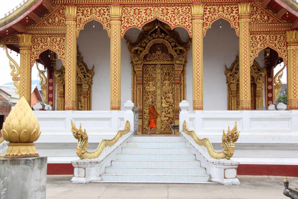 Laos-Luang-Prabang-temple-monk-with-dog