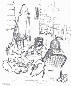 Camino-Voices-book-illustration-pilgrims-at-cafe