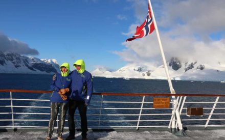 Antarctica-cruise-couple-back-of-ship-MS-Fram