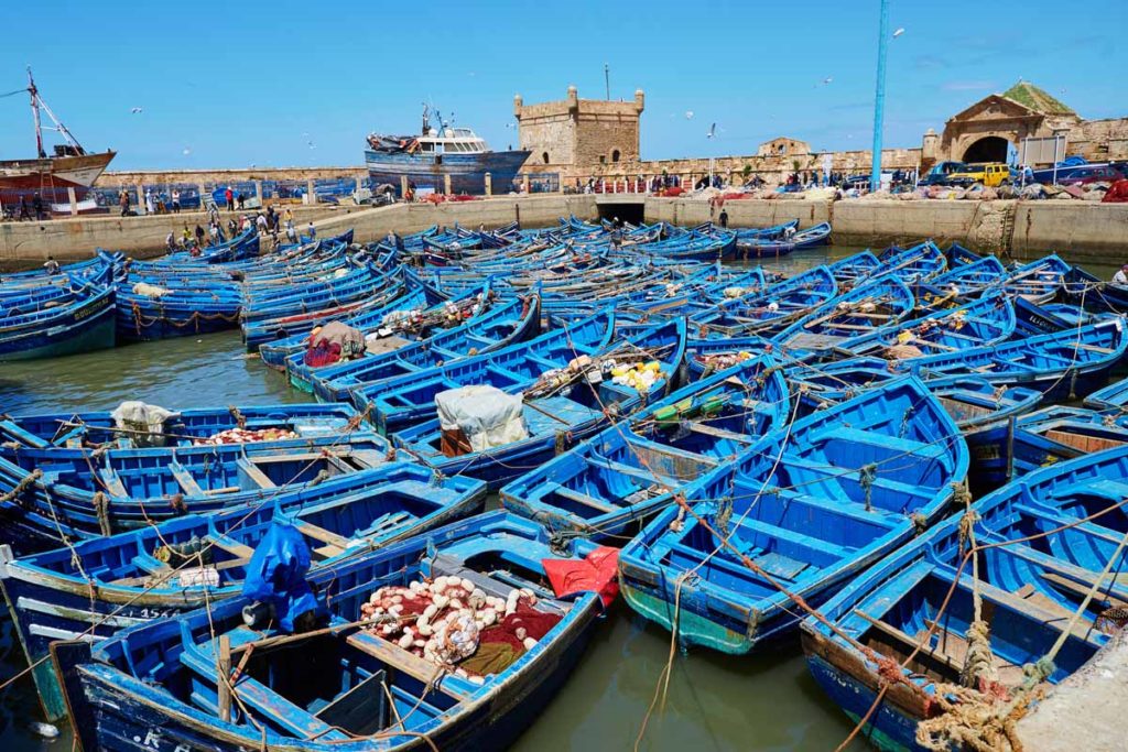 Morocco-Essaouira-harbor-blue-boats